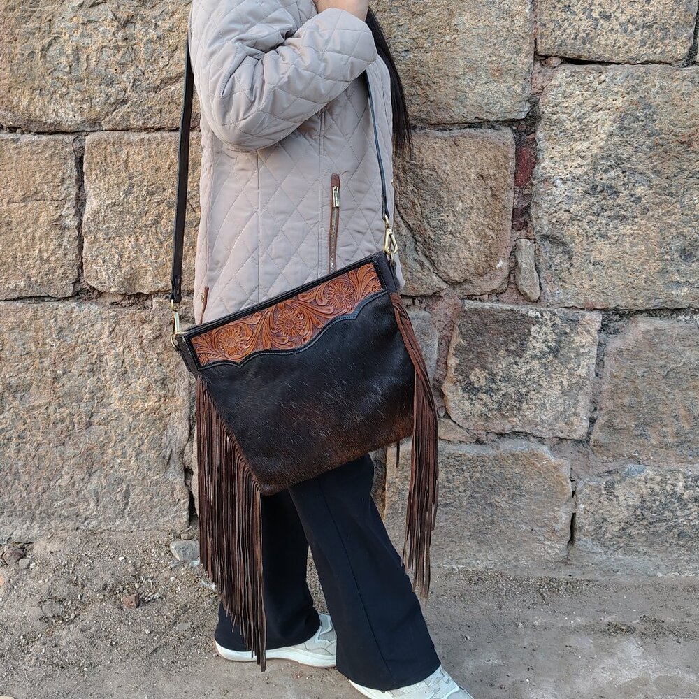 Genuine Hair On Cowhide Purse, Hand Tooled Bag, Western Leather Shoulder Bag